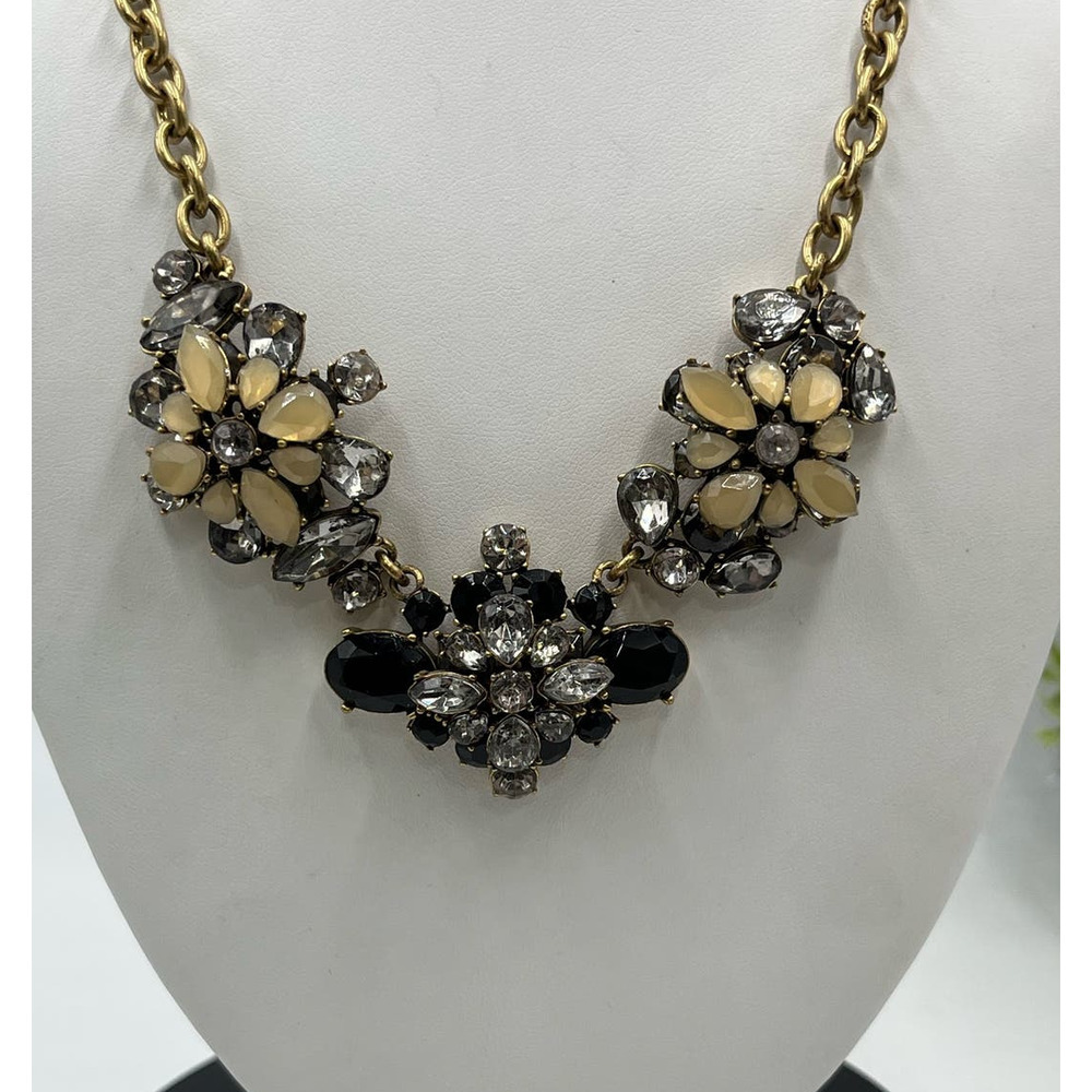 J. Crew Black Gray and Taupe Clear Rhinestone Cluster Statement Necklace